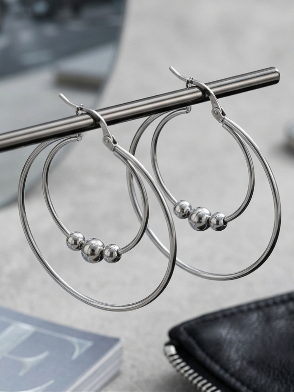 Silver Beaded Hoop Earrings Stainless Steel Minimalist Mobwife Trendy Dainty